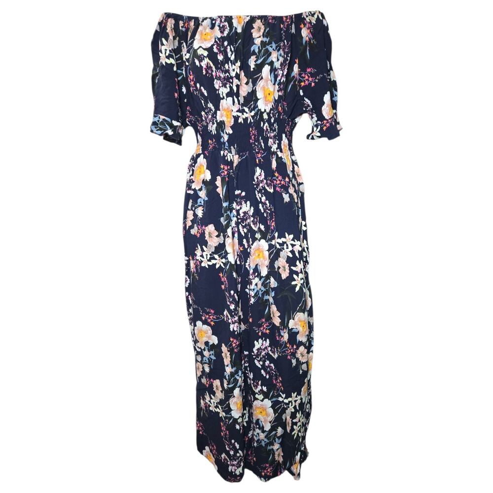 Kindred 2X Floral Off Shoulder Jumpsuit Wide Leg Smocked Waist Boho Navy